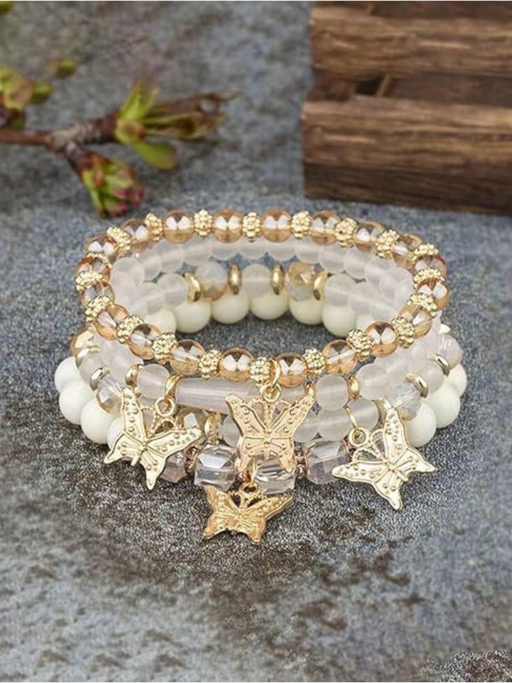 Gold & White Butterfly Charm Beaded Bracelet Stack